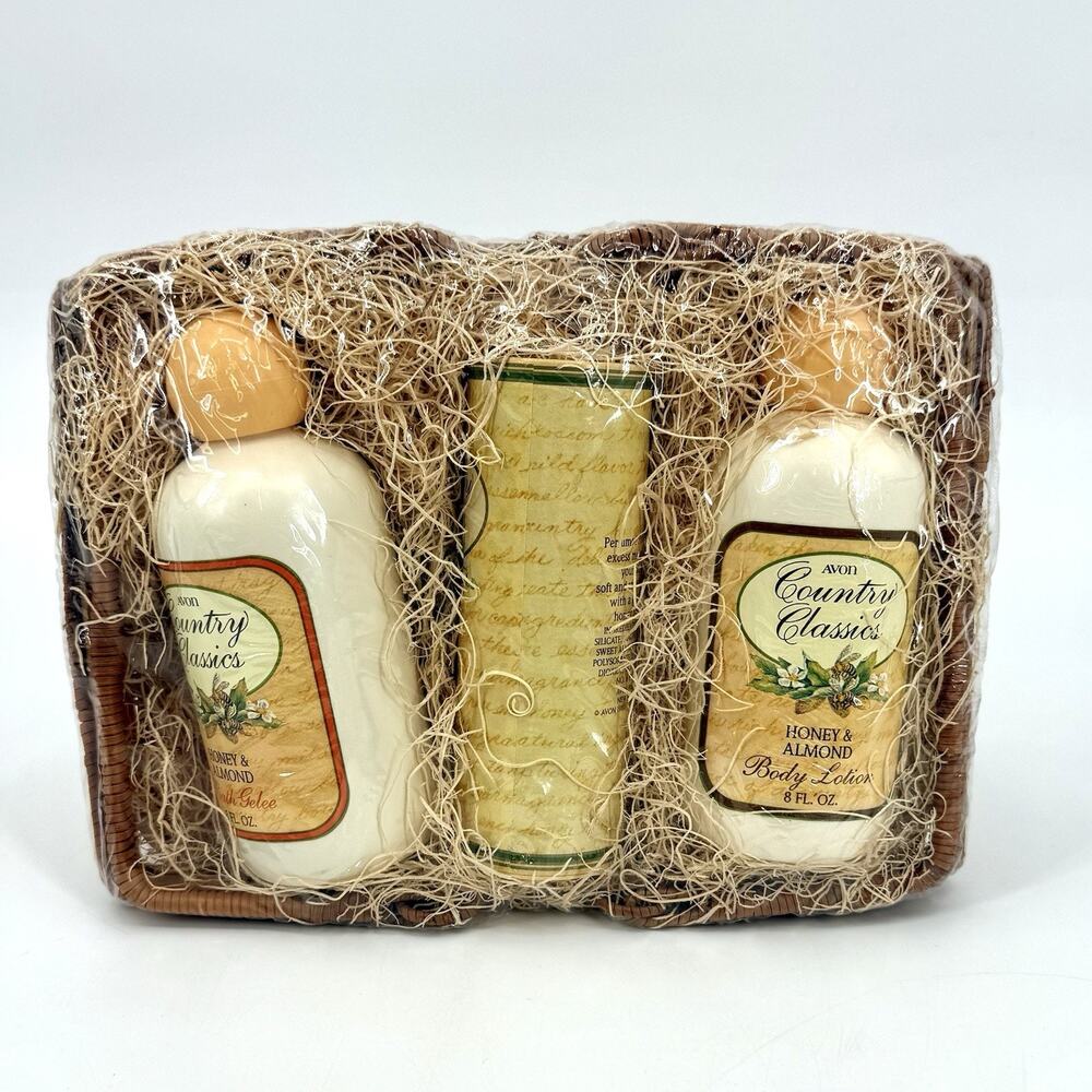 VTG 1989 Avon Country Classics Honey Almond Set of 3 Bath Gel Talc Lotion Basket